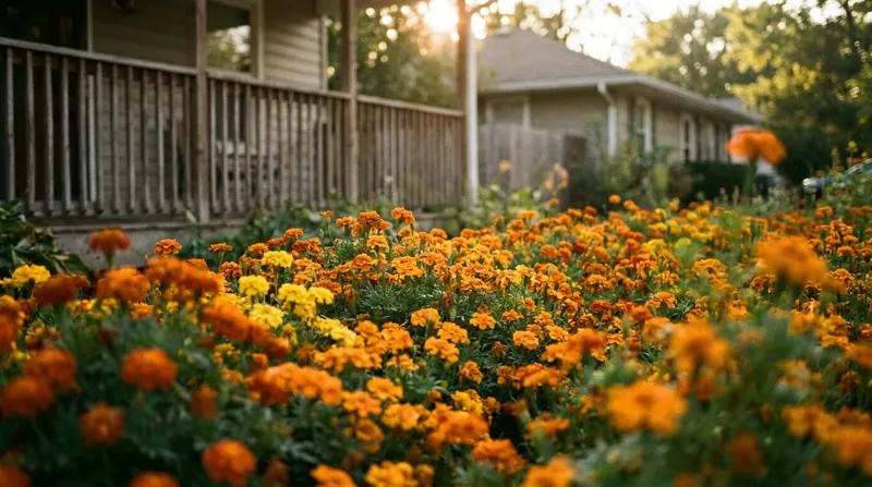 A bed of orange and yellow marigolds in a garden with a porch rail out of focus behind