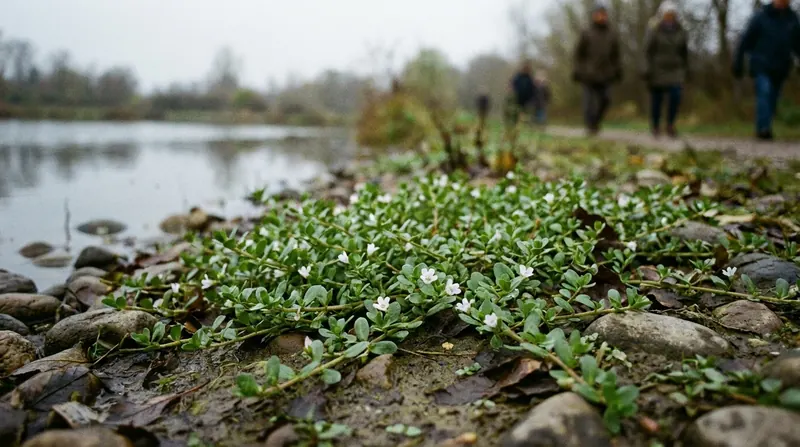 A creeping bacopa plant with small white flowers at the edge of a pond