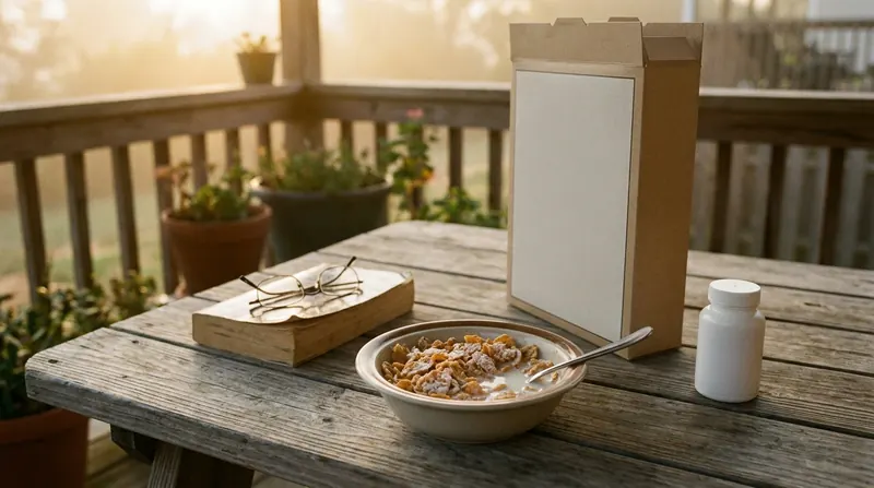 A bowl of frosted cereal beside its box, a paperback with reading glasses on top and a small white bottle on a porch table