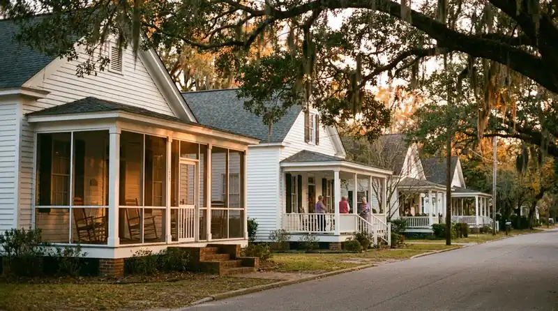 A quiet street of clapboard houses with deep porches under live oaks in a small Southern town at evening