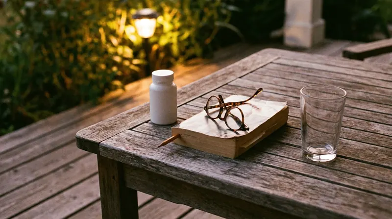 A porch table at dusk with a white bottle, a closed paperback with a pencil in it, reading glasses and an empty glass
