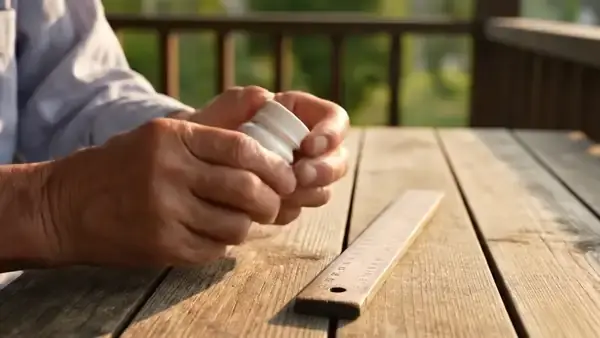 A man's hands tipping two long capsules from a white bottle and laying one beside a wooden ruler