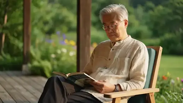 A man in his sixties reading a paperback on a back porch, turning a page and looking up at the garden