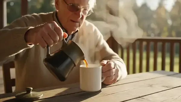 A man in his sixties pouring coffee into a mug on a porch table beside a small white supplement bottle