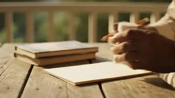 A man's hands setting a white bottle beside a paperback and writing a short underlined line on a folded sheet of paper