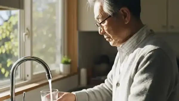 A man in his sixties at a kitchen sink swallowing two capsules with a tall glass of water